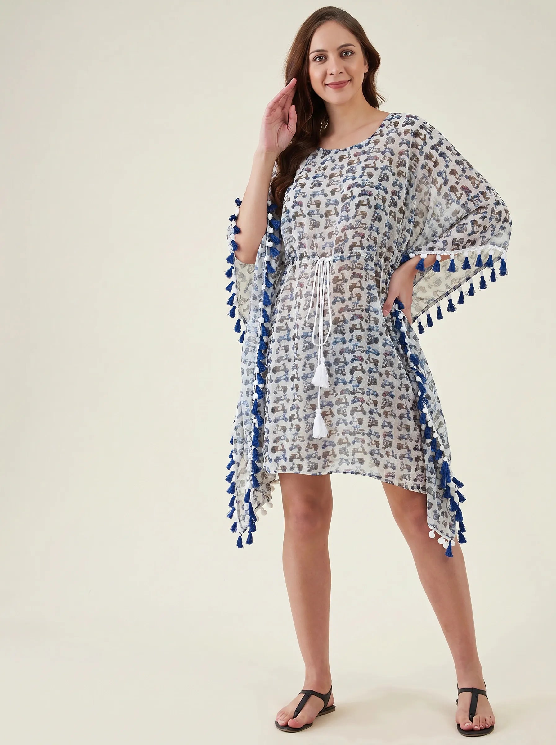 The Kaftan Company Kaftan White Scooter Print Georgette Beach Kaftan with Blue Tassel Trim