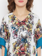 The Kaftan Company Kaftan White & Teal Floral Print Viscose Resort Kaftan with Contrast Side Panels