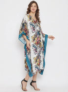 The Kaftan Company Kaftan White & Teal Floral Print Viscose Resort Kaftan with Contrast Side Panels