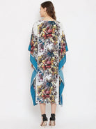 The Kaftan Company Kaftan White & Teal Floral Print Viscose Resort Kaftan with Contrast Side Panels