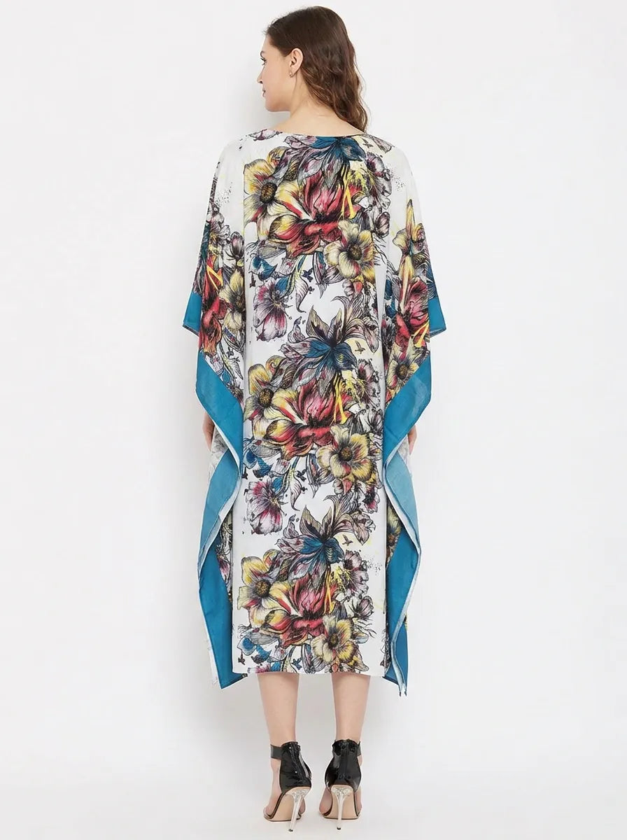 The Kaftan Company Kaftan White & Teal Floral Print Viscose Resort Kaftan with Contrast Side Panels