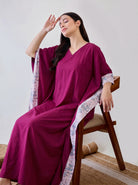 The Kaftan Company Kaftan Wine Solid Cotton Kaftan with Floral Print Side Panels