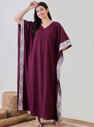 The Kaftan Company Kaftan Wine Solid Cotton Kaftan with Floral Print Side Panels