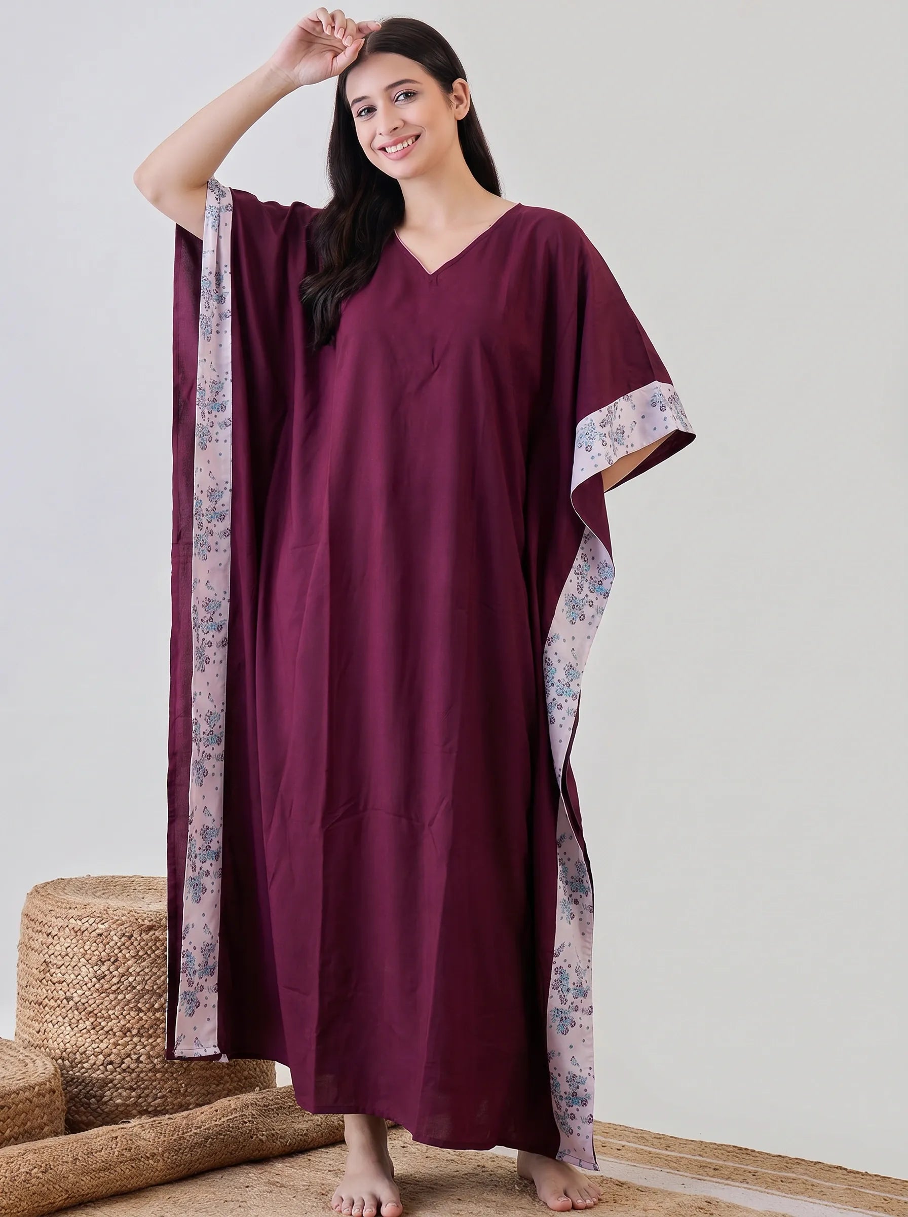 The Kaftan Company Kaftan Wine Solid Cotton Kaftan with Floral Print Side Panels