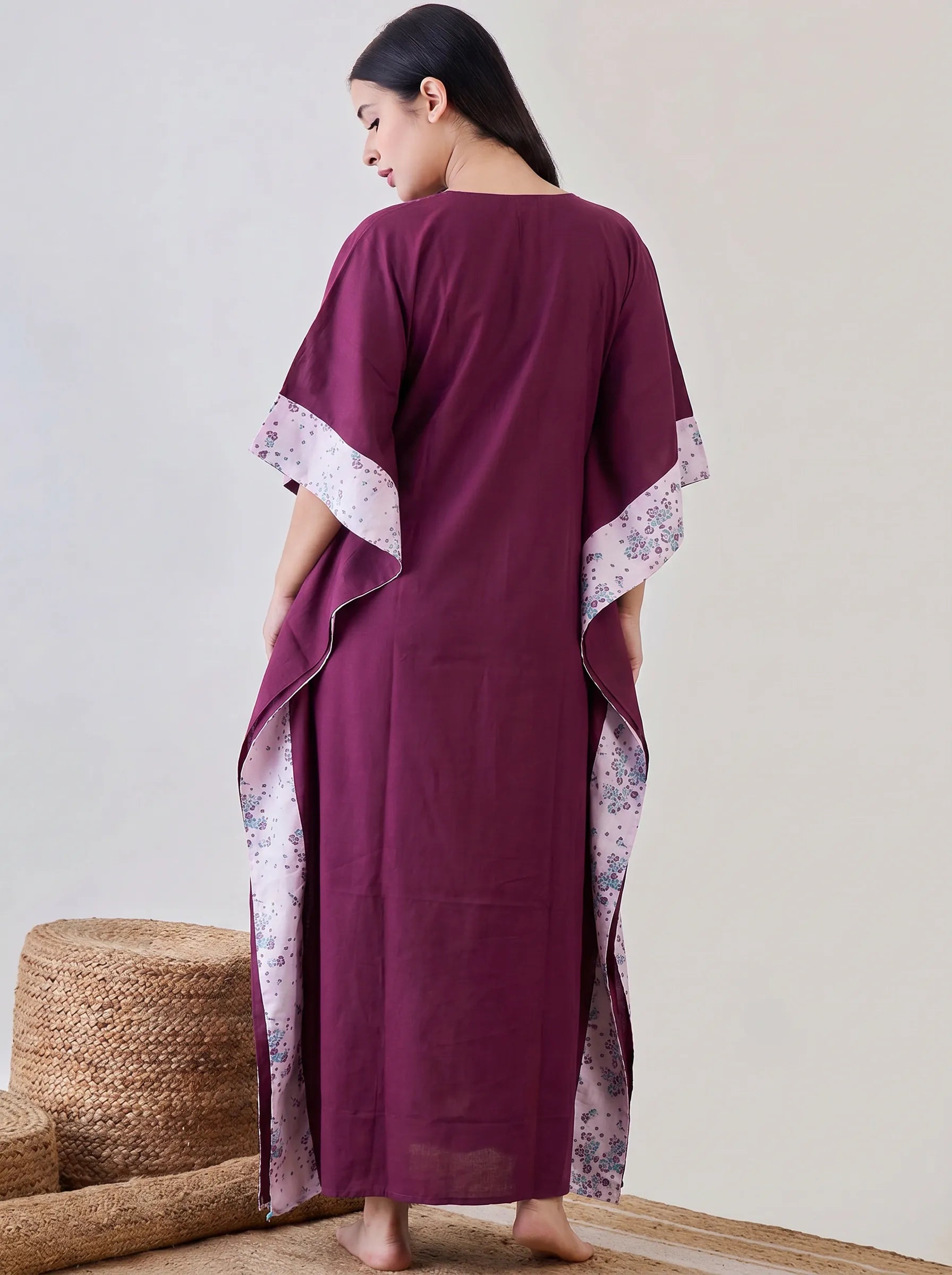 The Kaftan Company Kaftan Wine Solid Cotton Kaftan with Floral Print Side Panels