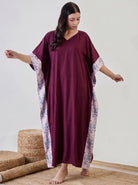 The Kaftan Company Kaftan Wine Solid Cotton Kaftan with Floral Print Side Panels