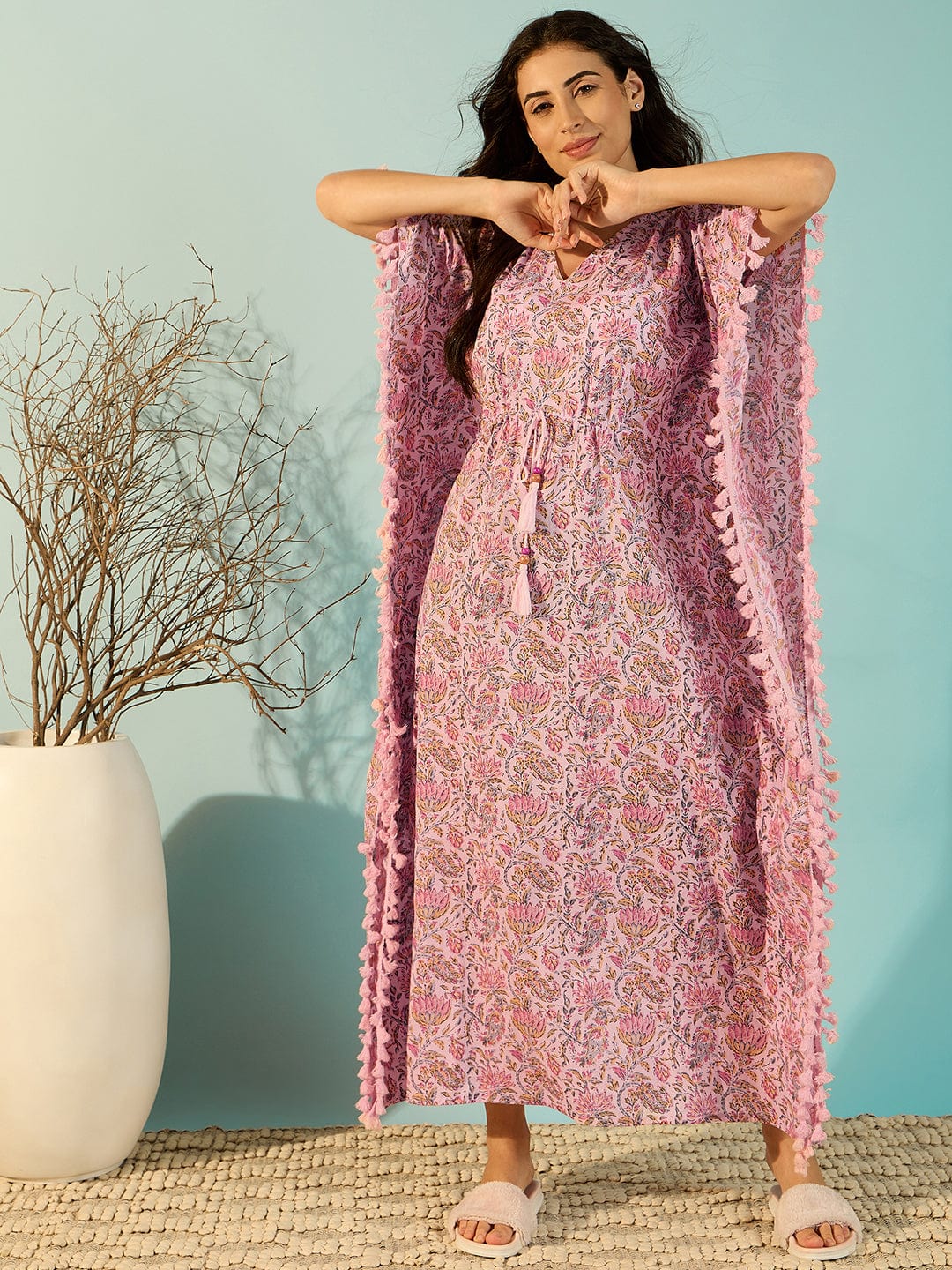 The Kaftan Company Kaftan Women Jaipur Block Print Pink Cotton Kaftan Night Dress