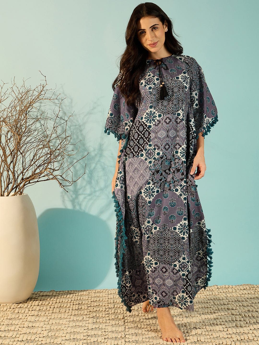 The Kaftan Company Kaftan Women Patchwork Printed Purple Cotton Kaftan Nightdress With Fringes