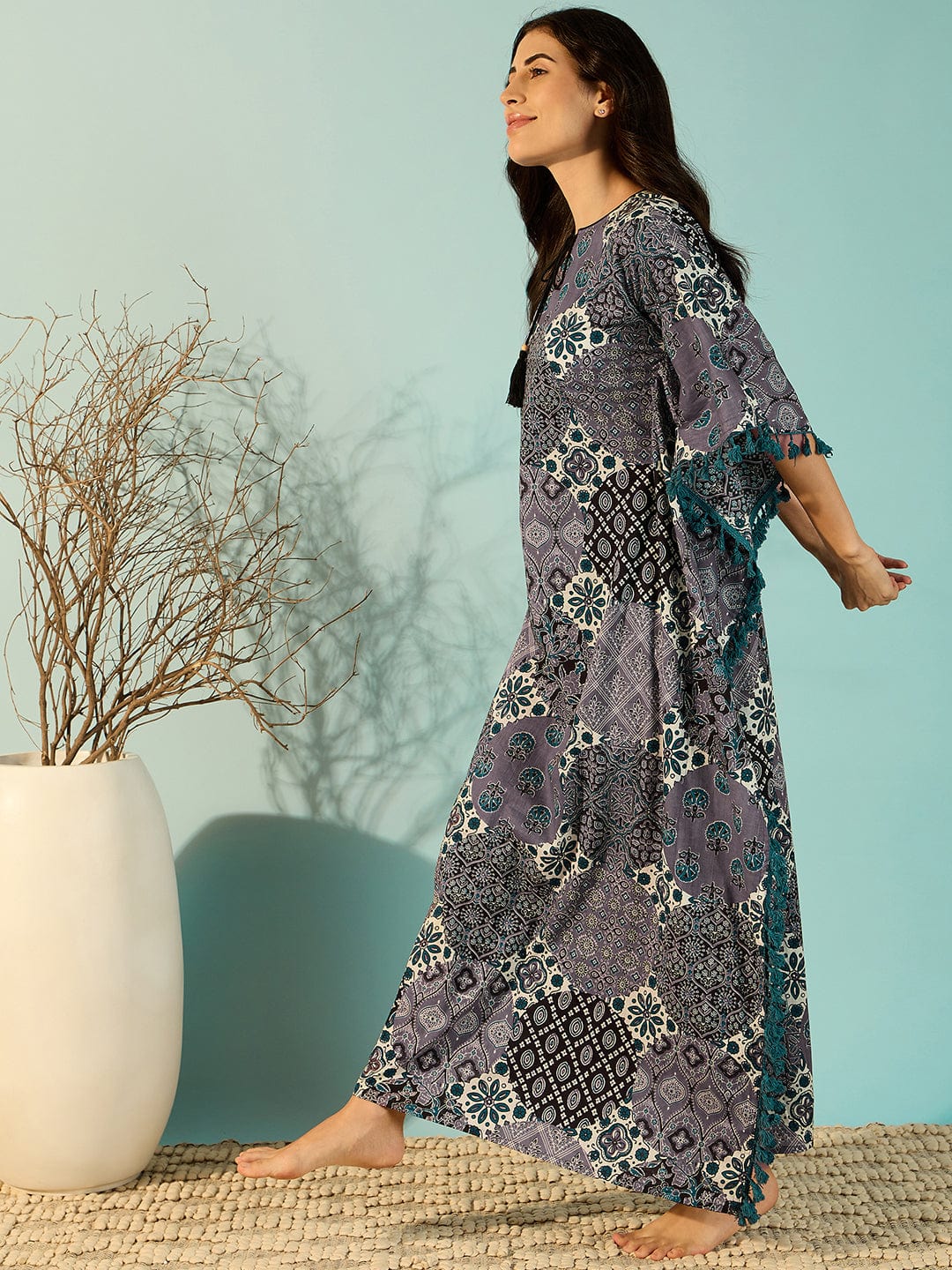 The Kaftan Company Kaftan Women Patchwork Printed Purple Cotton Kaftan Nightdress With Fringes