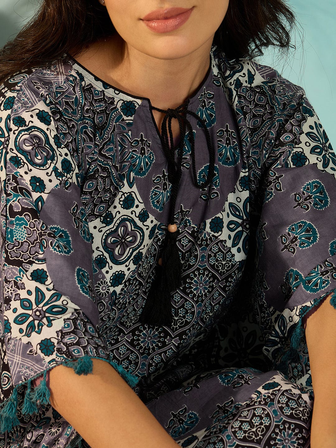 The Kaftan Company Kaftan Women Patchwork Printed Purple Cotton Kaftan Nightdress With Fringes