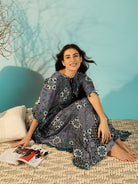 The Kaftan Company Kaftan Women Patchwork Printed Purple Cotton Kaftan Nightdress With Fringes