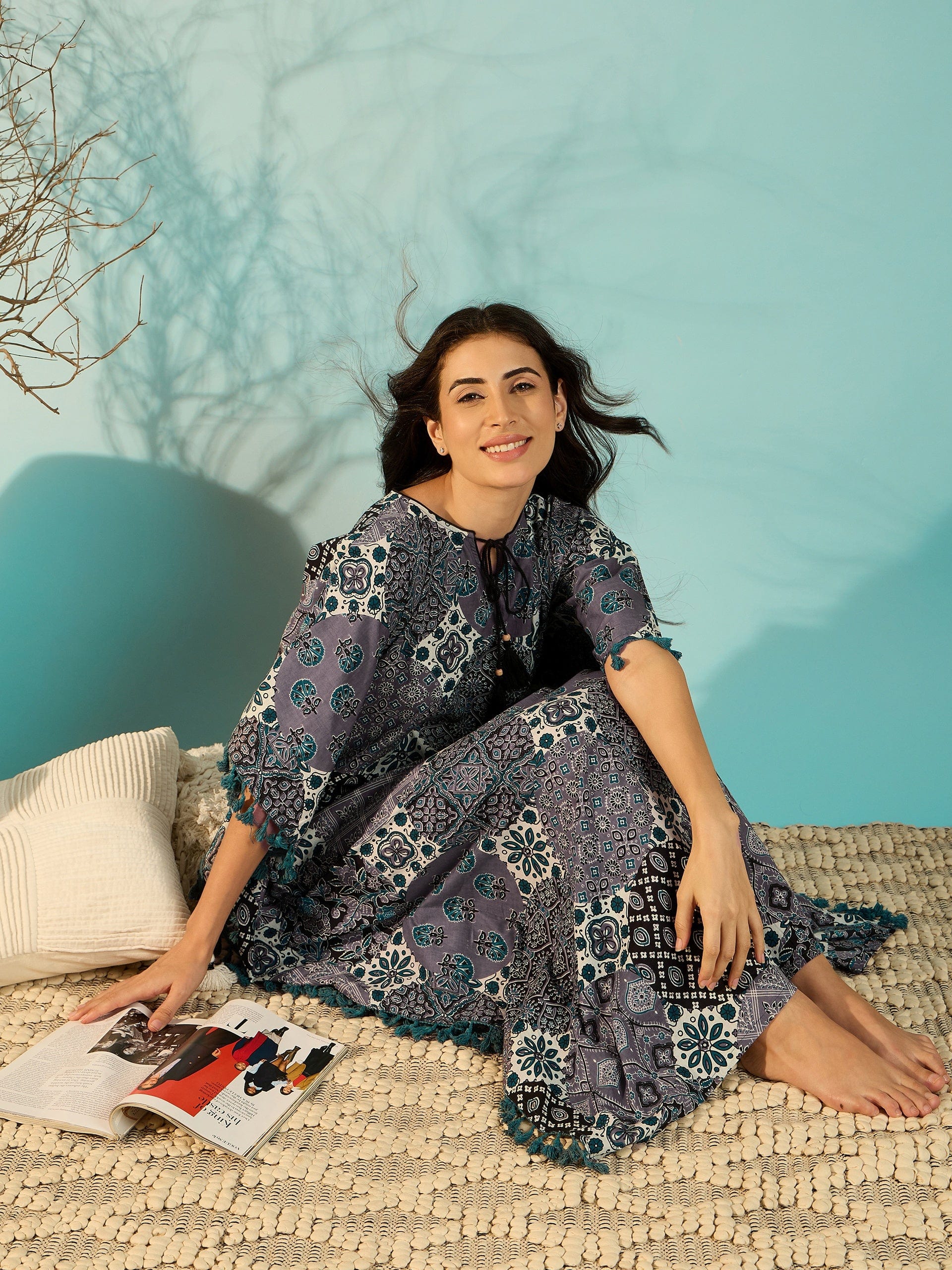 The Kaftan Company Kaftan Women Patchwork Printed Purple Cotton Kaftan Nightdress With Fringes