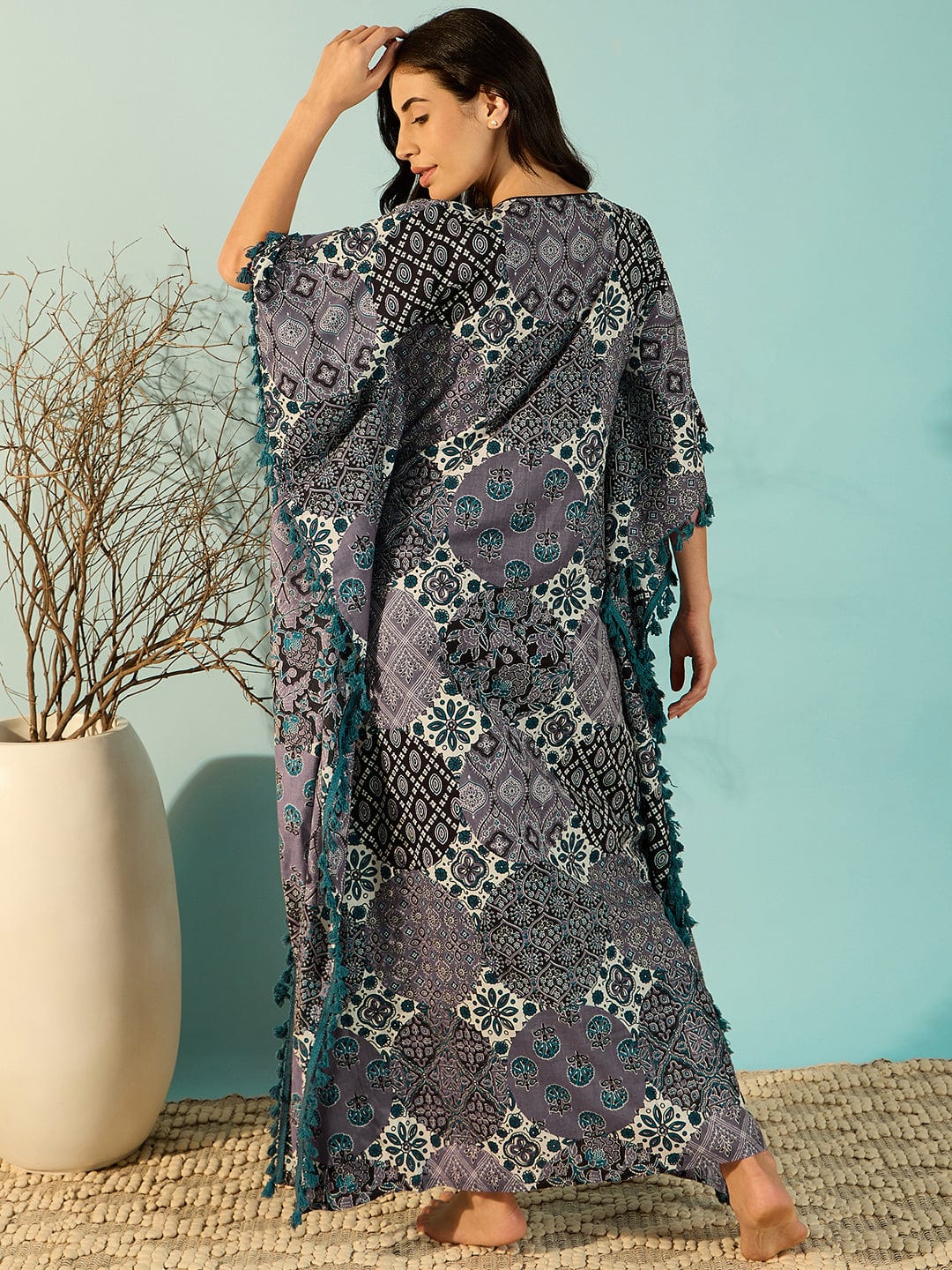 The Kaftan Company Kaftan Women Patchwork Printed Purple Cotton Kaftan Nightdress With Fringes