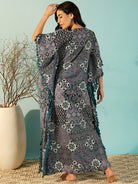 The Kaftan Company Kaftan Women Patchwork Printed Purple Cotton Kaftan Nightdress With Fringes
