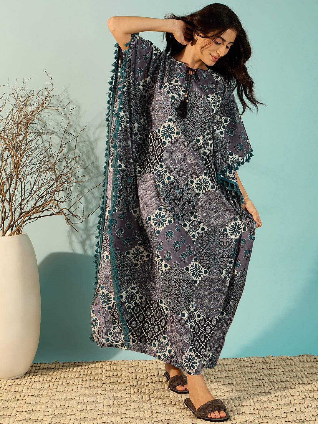 The Kaftan Company Kaftan Women Patchwork Printed Purple Cotton Kaftan Nightdress With Fringes