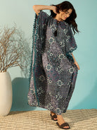 The Kaftan Company Kaftan Women Patchwork Printed Purple Cotton Kaftan Nightdress With Fringes