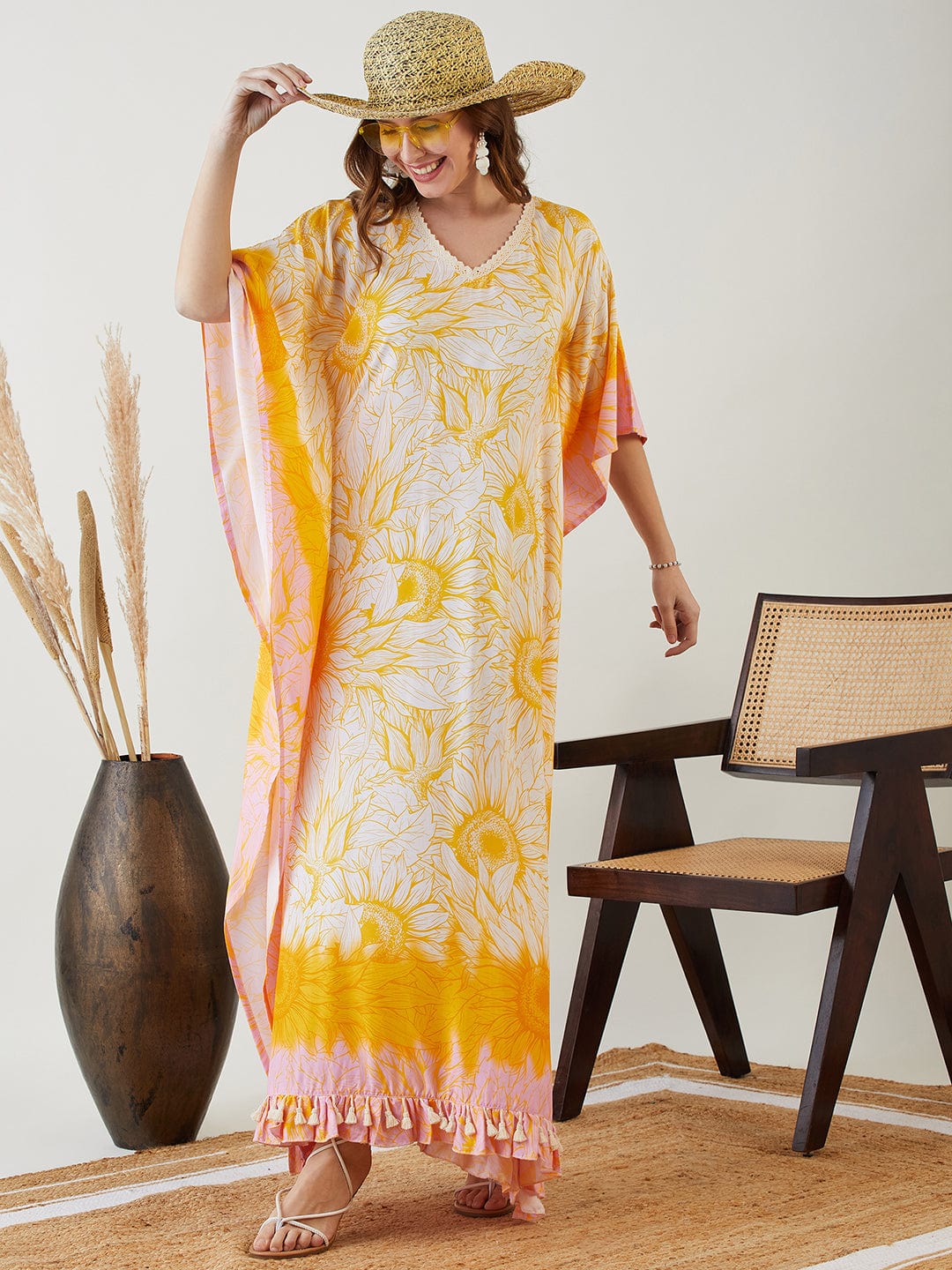 The Kaftan Company Kaftan Yellow Blooming Sunflower Maxi Kaftan