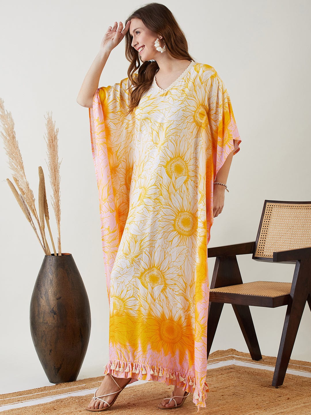 The Kaftan Company Kaftan Yellow Blooming Sunflower Maxi Kaftan