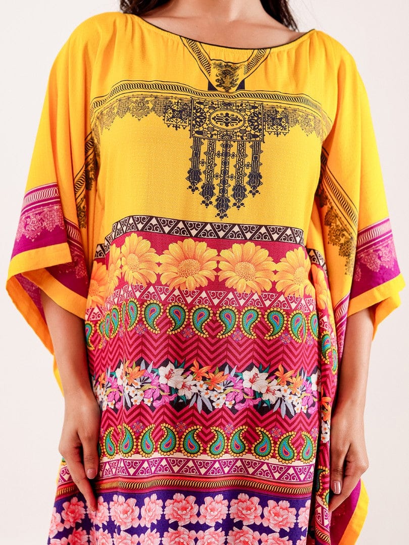 The Kaftan Company Kaftan Yellow Ethnic Floral Printed Modal Kaftan