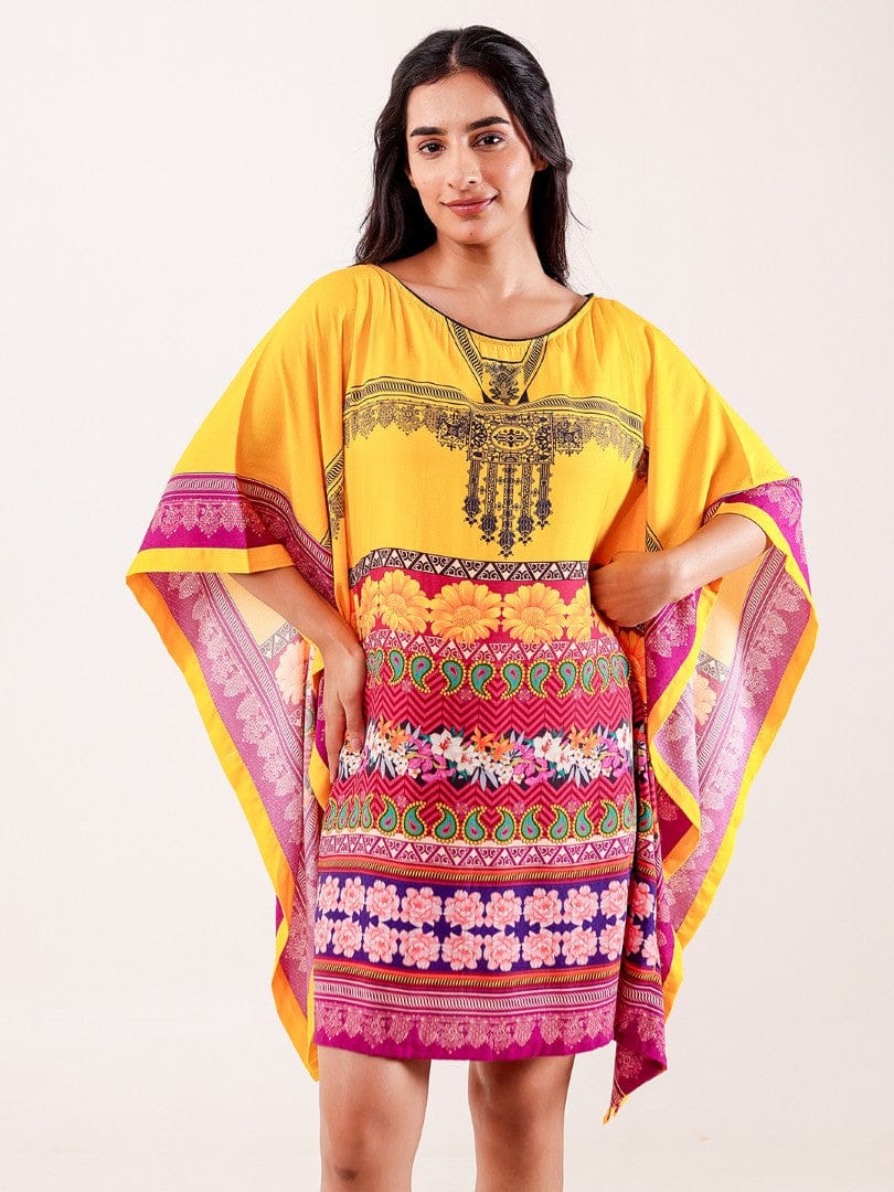 The Kaftan Company Kaftan Yellow Ethnic Floral Printed Modal Kaftan