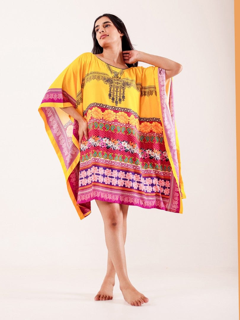 The Kaftan Company Kaftan Yellow Ethnic Floral Printed Modal Kaftan