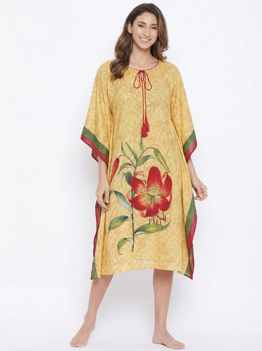 The Kaftan Company Kaftan Yellow Floral Print Kaftan with Statement Lily Motif