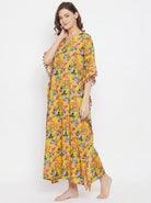 The Kaftan Company Kaftan Yellow Floral Print Natural Crepe Kaftan with Tassel Trim