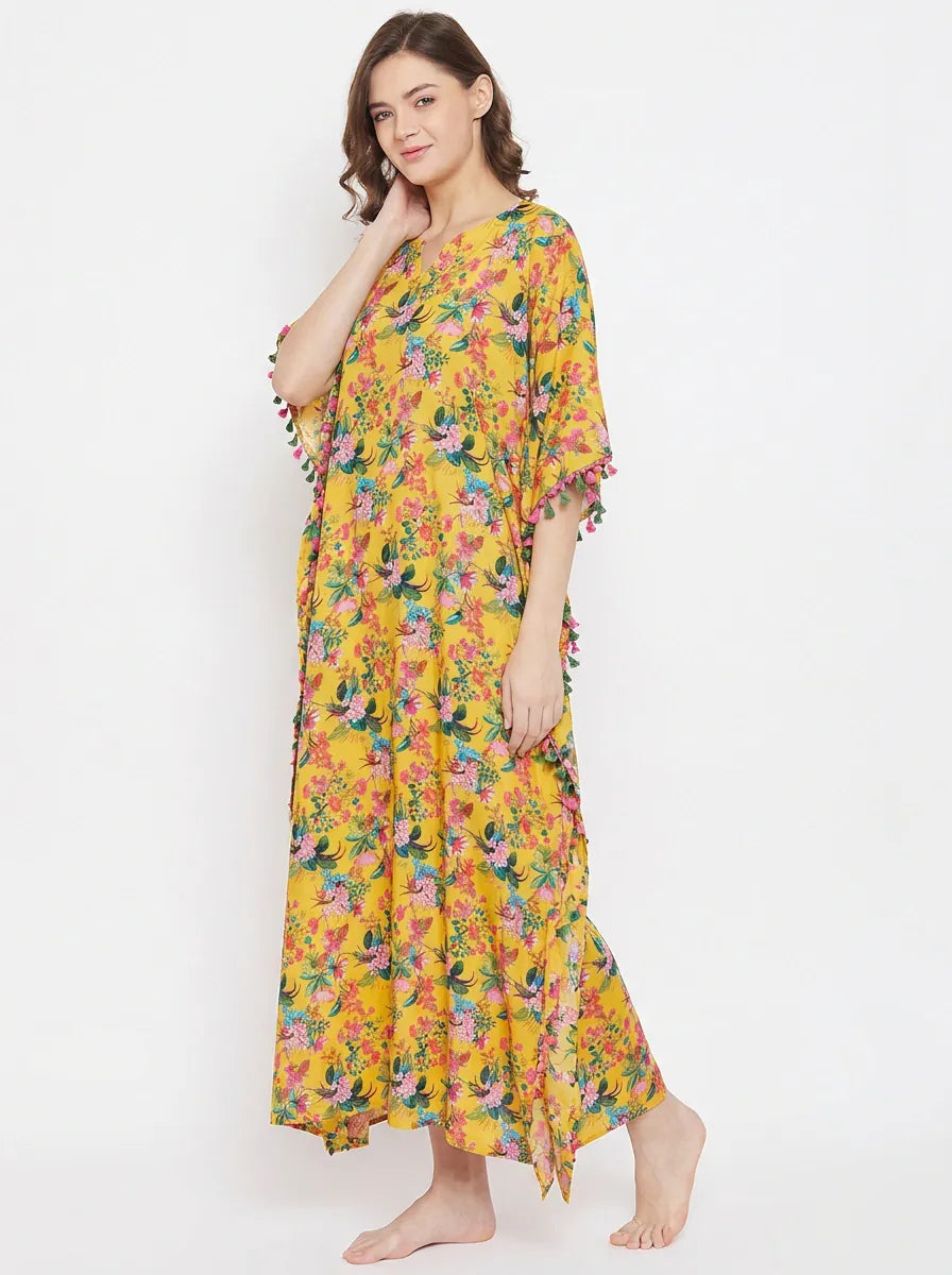 The Kaftan Company Kaftan Yellow Floral Print Natural Crepe Kaftan with Tassel Trim