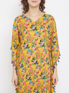 The Kaftan Company Kaftan Yellow Floral Print Natural Crepe Kaftan with Tassel Trim