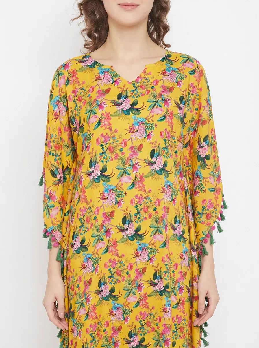 The Kaftan Company Kaftan Yellow Floral Print Natural Crepe Kaftan with Tassel Trim