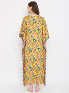 The Kaftan Company Kaftan Yellow Floral Print Natural Crepe Kaftan with Tassel Trim