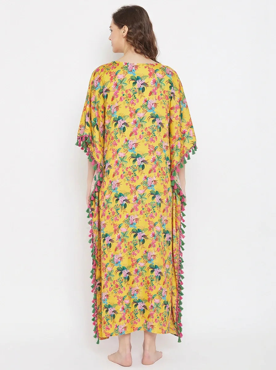 The Kaftan Company Kaftan Yellow Floral Print Natural Crepe Kaftan with Tassel Trim