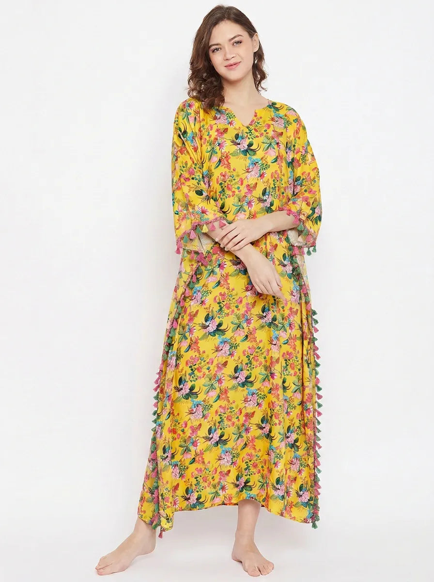The Kaftan Company Kaftan Yellow Floral Print Natural Crepe Kaftan with Tassel Trim