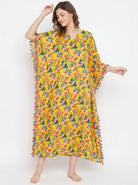 The Kaftan Company Kaftan Yellow Floral Print Natural Crepe Kaftan with Tassel Trim