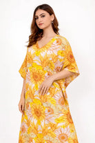 The Kaftan Company Kaftan Yellow Floral Viscose Kaftan with Ruffle Hem