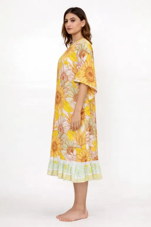 The Kaftan Company Kaftan Yellow Floral Viscose Kaftan with Ruffle Hem