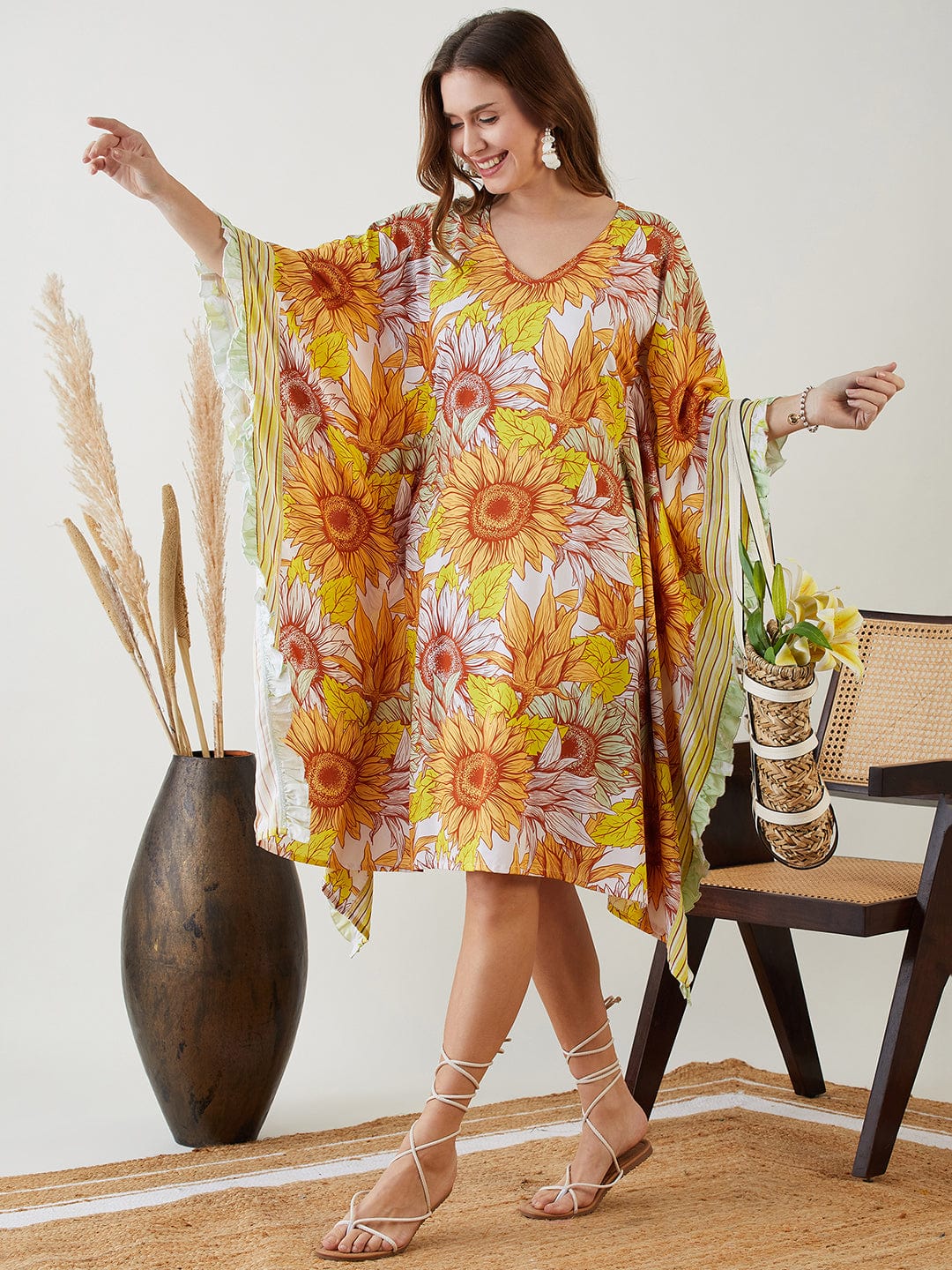 The Kaftan Company Kaftan Yellow Sunflower Ruffles Resort Kaftan