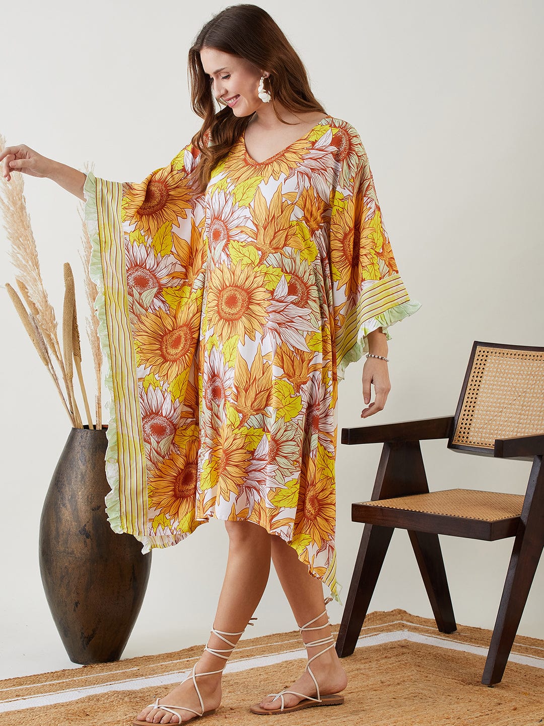 The Kaftan Company Kaftan Yellow Sunflower Ruffles Resort Kaftan