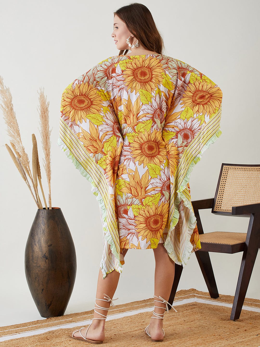 The Kaftan Company Kaftan Yellow Sunflower Ruffles Resort Kaftan