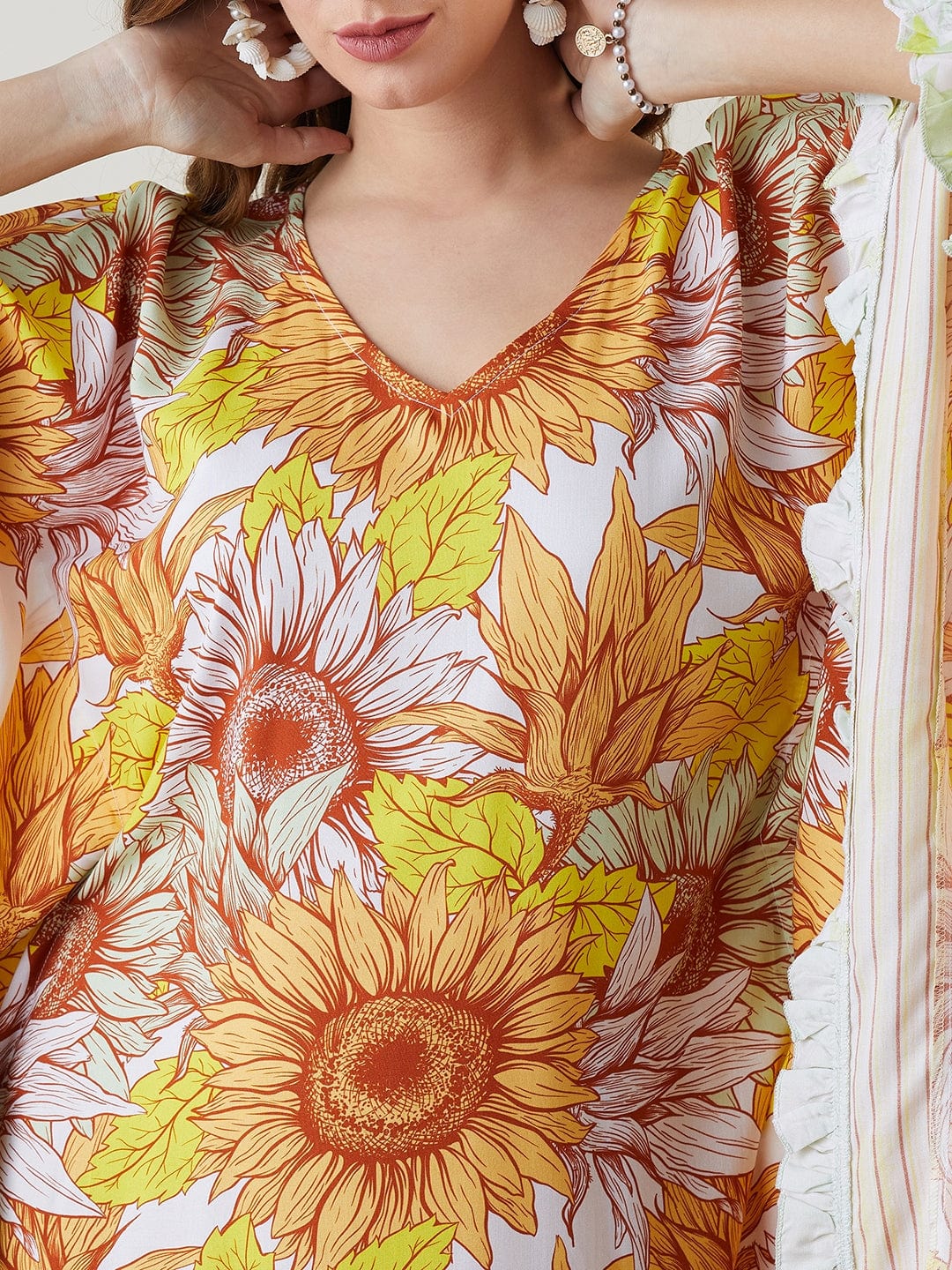 The Kaftan Company Kaftan Yellow Sunflower Ruffles Resort Kaftan