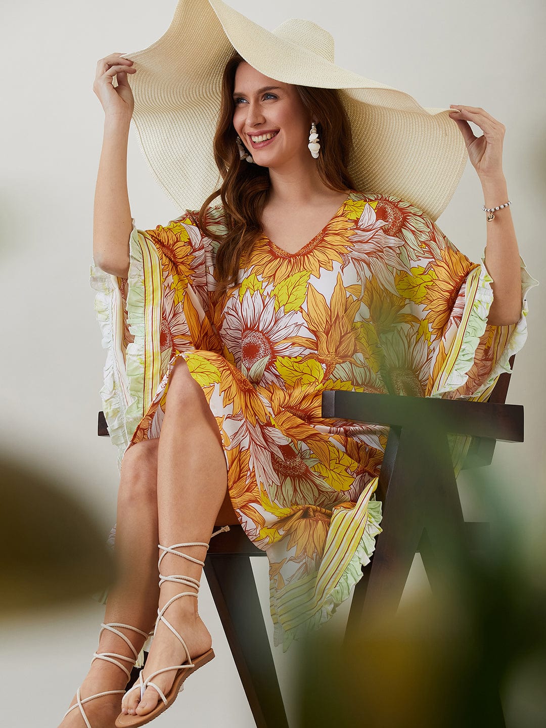 The Kaftan Company Kaftan Yellow Sunflower Ruffles Resort Kaftan