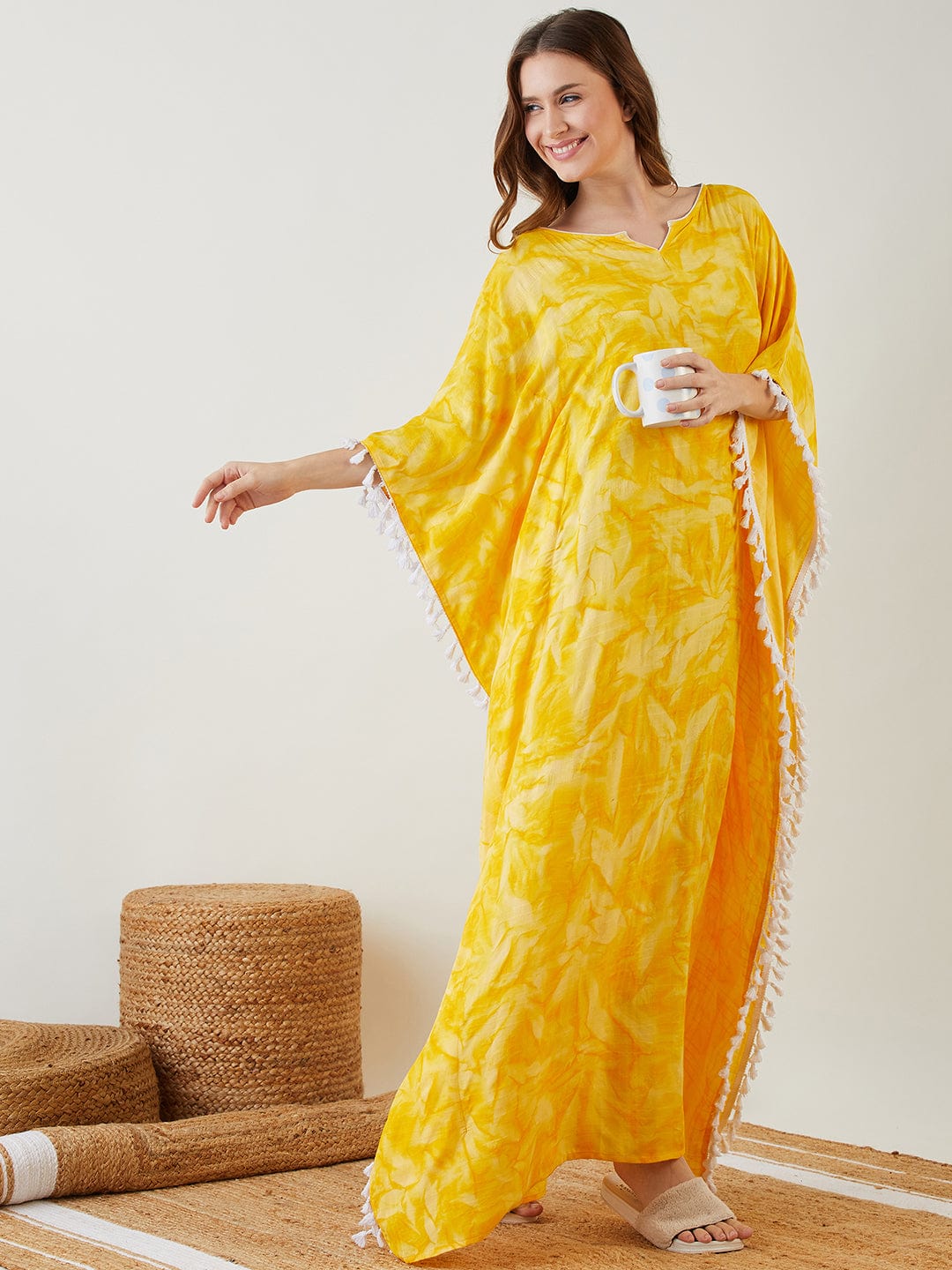 The Kaftan Company Kaftan Yellow Tie-Dyed Fringed Kaftan