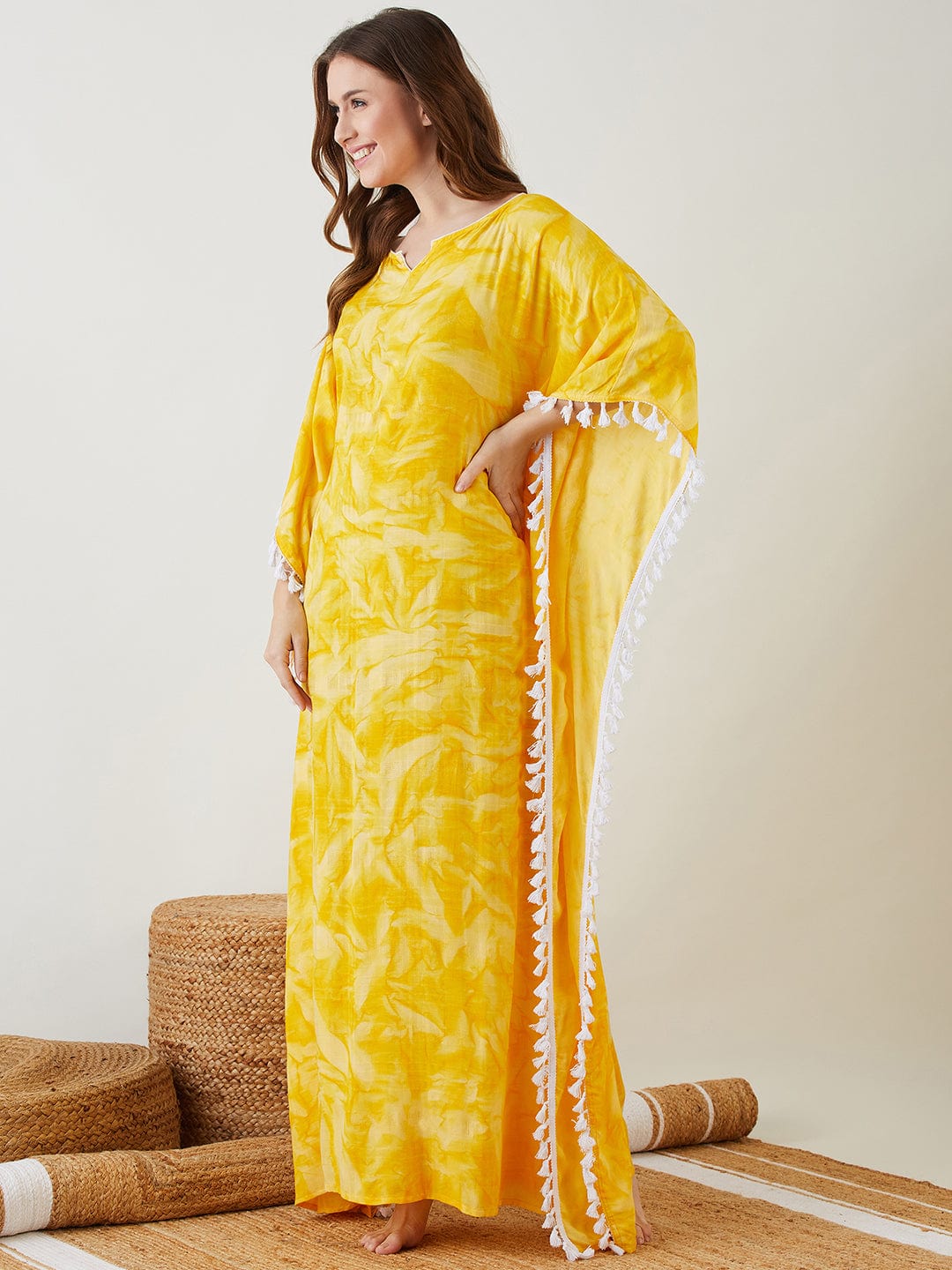 The Kaftan Company Kaftan Yellow Tie-Dyed Fringed Kaftan
