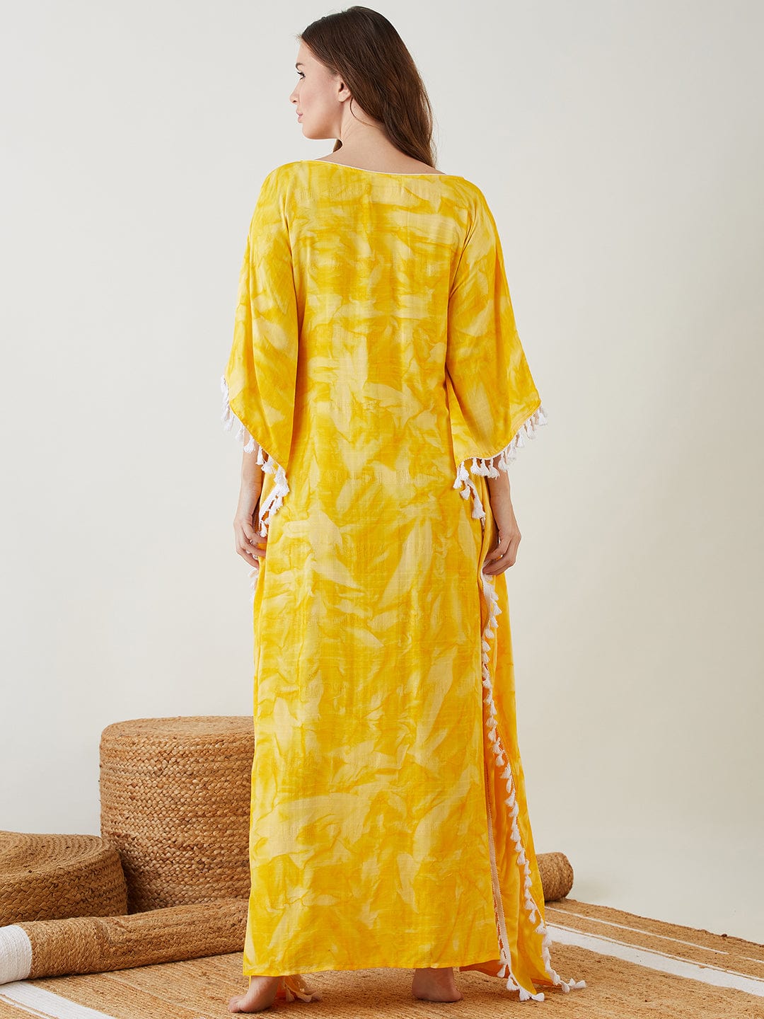 The Kaftan Company Kaftan Yellow Tie-Dyed Fringed Kaftan