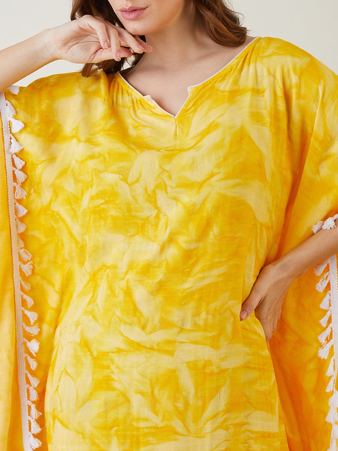 The Kaftan Company Kaftan Yellow Tie-Dyed Fringed Kaftan