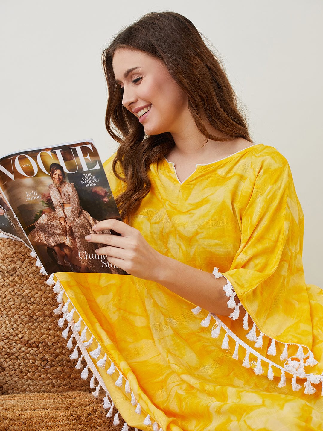 The Kaftan Company Kaftan Yellow Tie-Dyed Fringed Kaftan