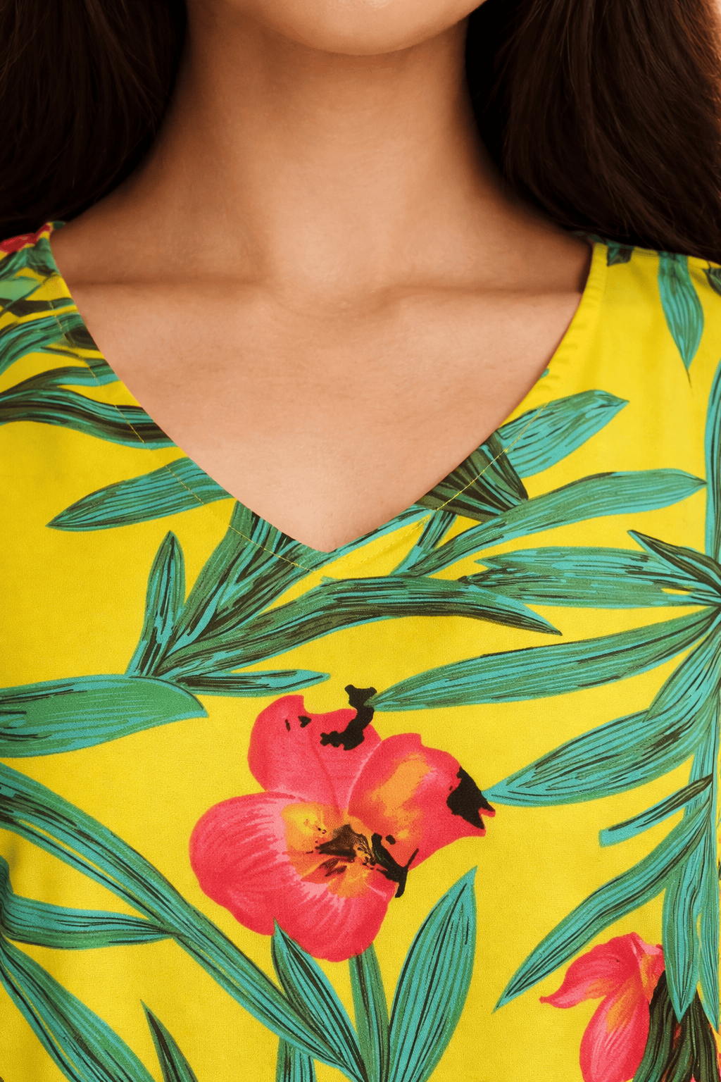 The Kaftan Company Kaftan Yellow Tropical Print Polyester Crepe Loungewear Kaftan