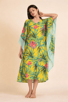 The Kaftan Company Kaftan Yellow Tropical Print Polyester Crepe Loungewear Kaftan