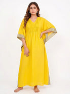 The Kaftan Company Kaftan Yellow Viscose Linen Blend Kaftan with Contrast Border