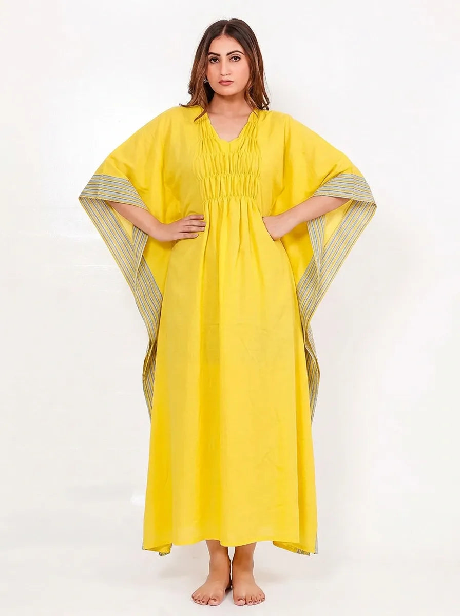 The Kaftan Company Kaftan Yellow Viscose Linen Blend Kaftan with Contrast Border